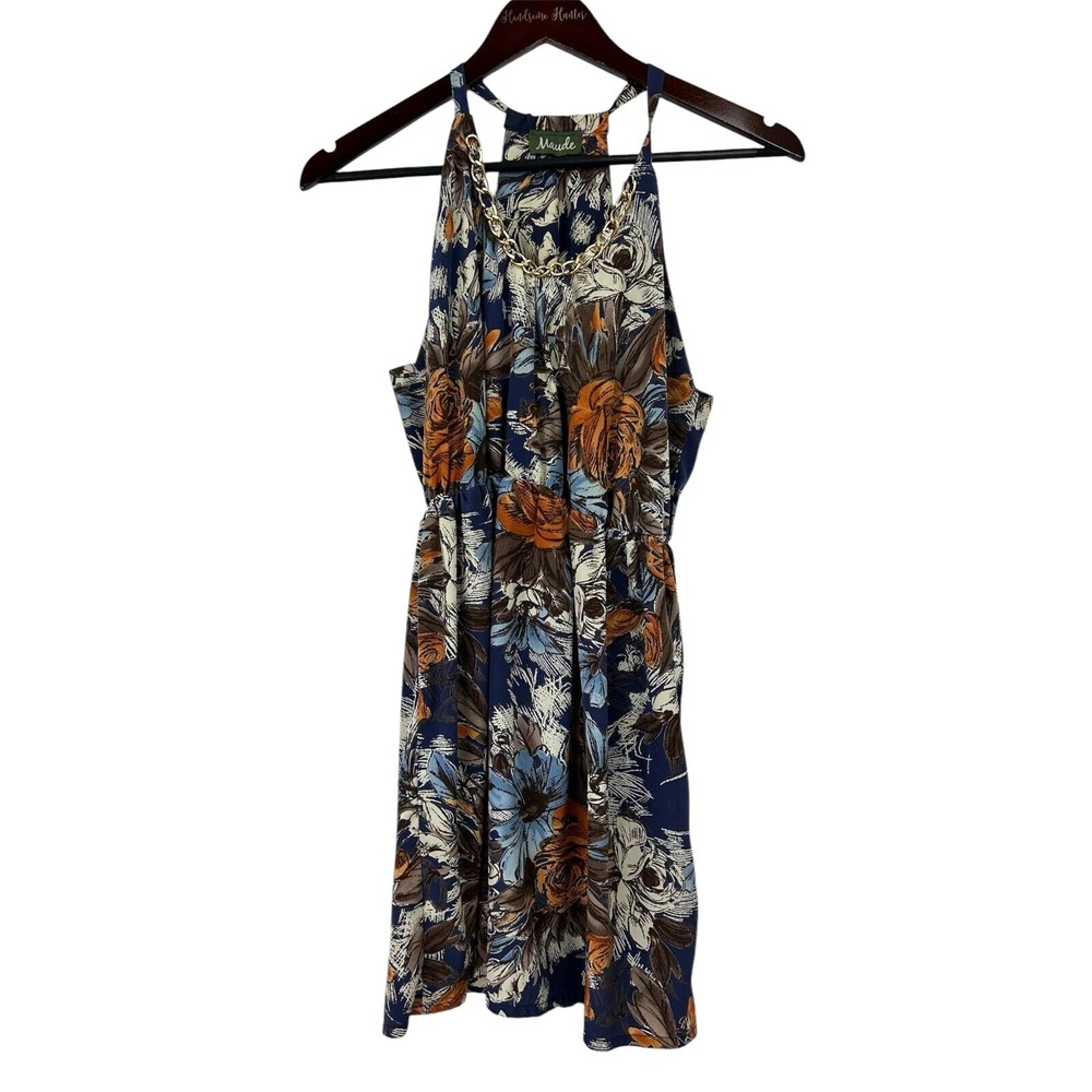 Maude Women Dress S Blue Floral Halter Tank Cami Blouson Short Mini Gold Accent